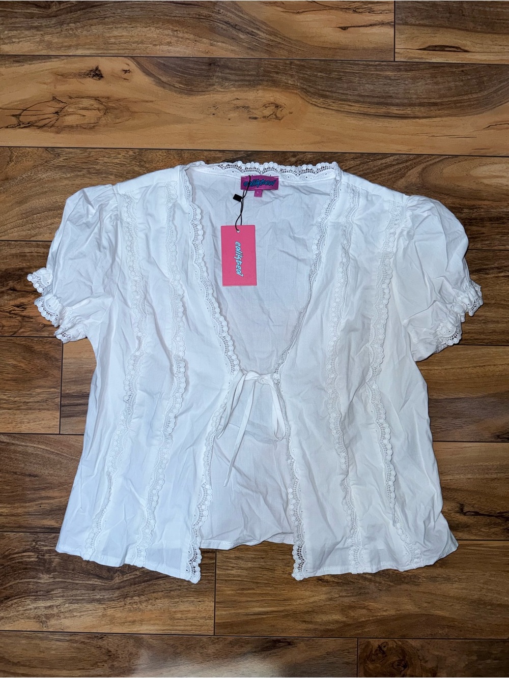 Edikted White Lace-Trim Short Sleeve Tie-Front Top